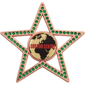 GOLD 75MM - GREEN STAR GEMSTONE CUSTOM VINYL DOMED MEDAL **SPARKLE**